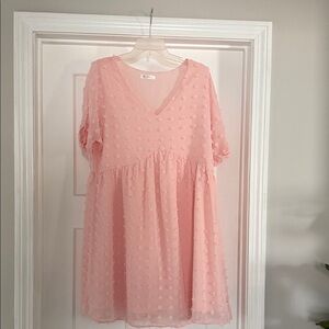Light Pink Swiss Dot V-Neck Casual Dress